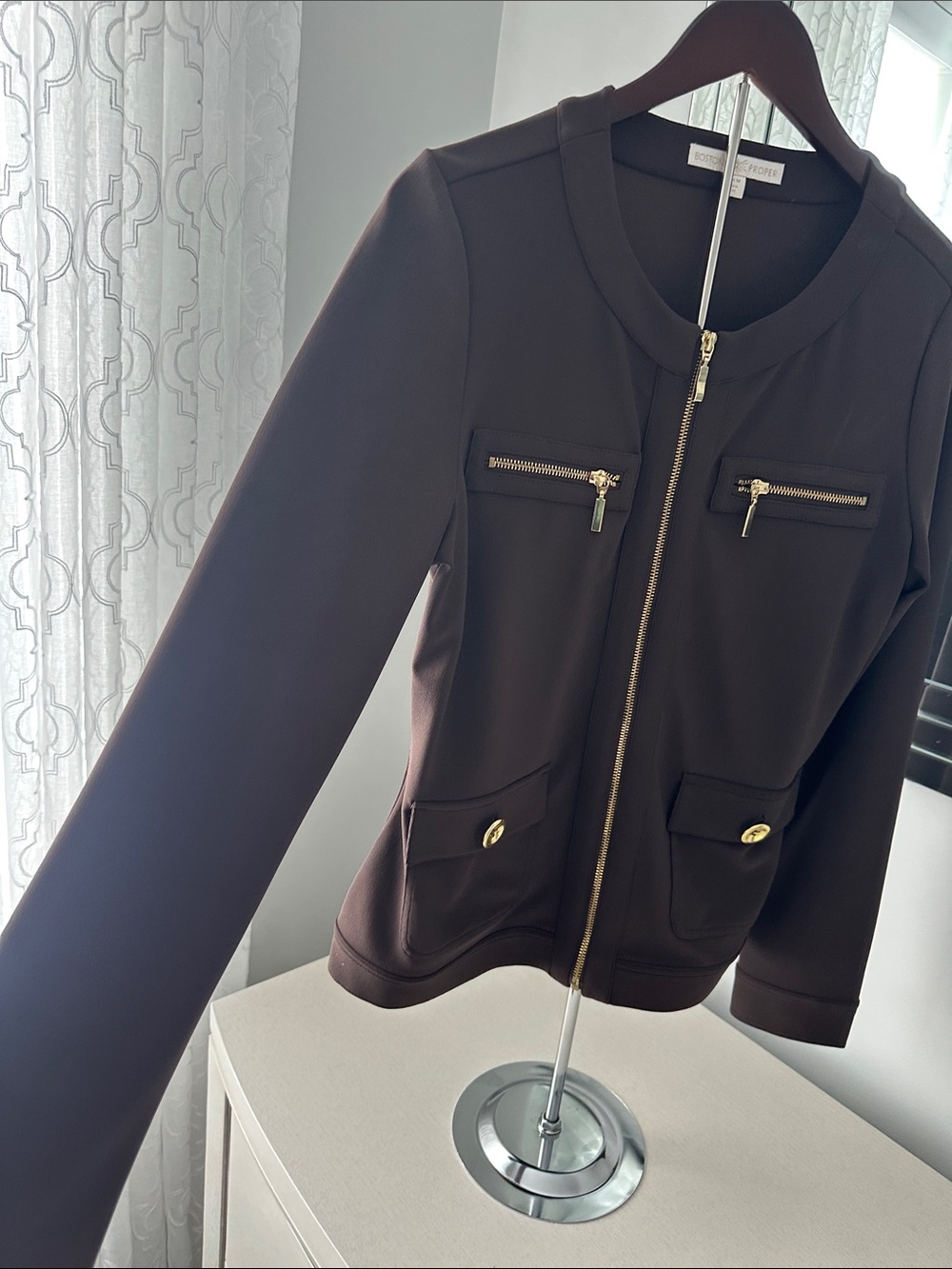 Boston Proper Dark Brown Zip-Front Blazer with Gold Hardware and matching pants - Picture 3 of 7